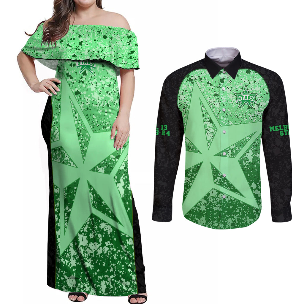 melbourne-stars-custom-couples-matching-off-shoulder-maxi-dress-and-long-sleeve-button-shirt-bbl-cricket-team-2024
