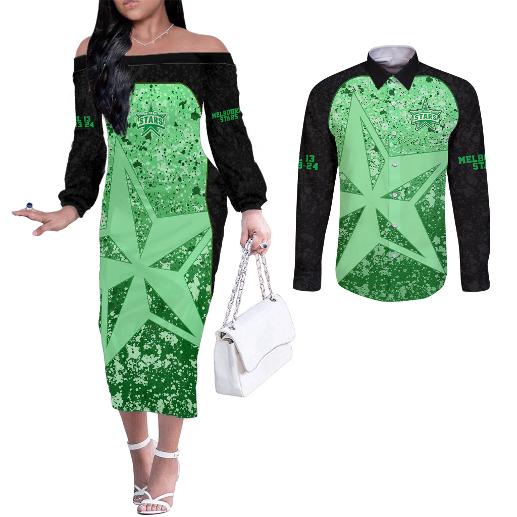 melbourne-stars-custom-couples-matching-off-the-shoulder-long-sleeve-dress-and-long-sleeve-button-shirt-bbl-cricket-team-2024