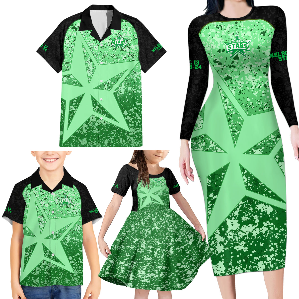 melbourne-stars-custom-family-matching-long-sleeve-bodycon-dress-and-hawaiian-shirt-bbl-cricket-team-2024