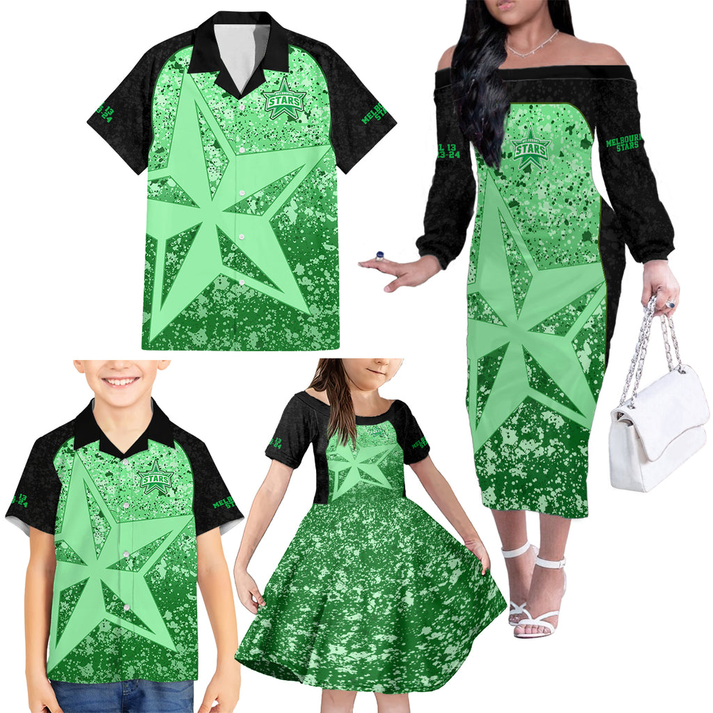 melbourne-stars-custom-family-matching-off-shoulder-long-sleeve-dress-and-hawaiian-shirt-bbl-cricket-team-2024
