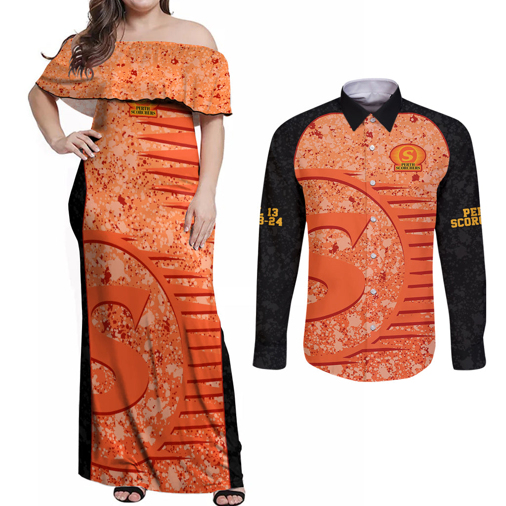 perth-scorchers-custom-couples-matching-off-shoulder-maxi-dress-and-long-sleeve-button-shirt-bbl-cricket-team-2024