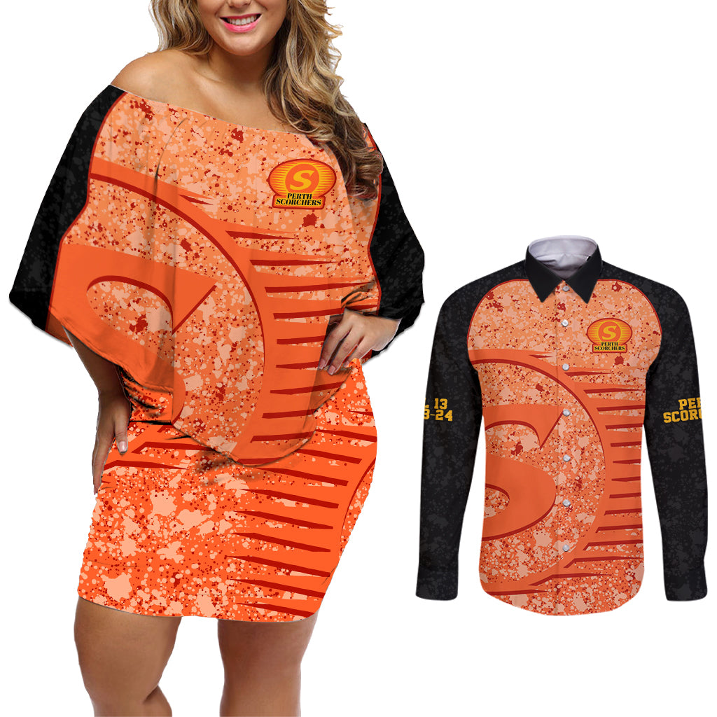 perth-scorchers-custom-couples-matching-off-shoulder-short-dress-and-long-sleeve-button-shirt-bbl-cricket-team-2024