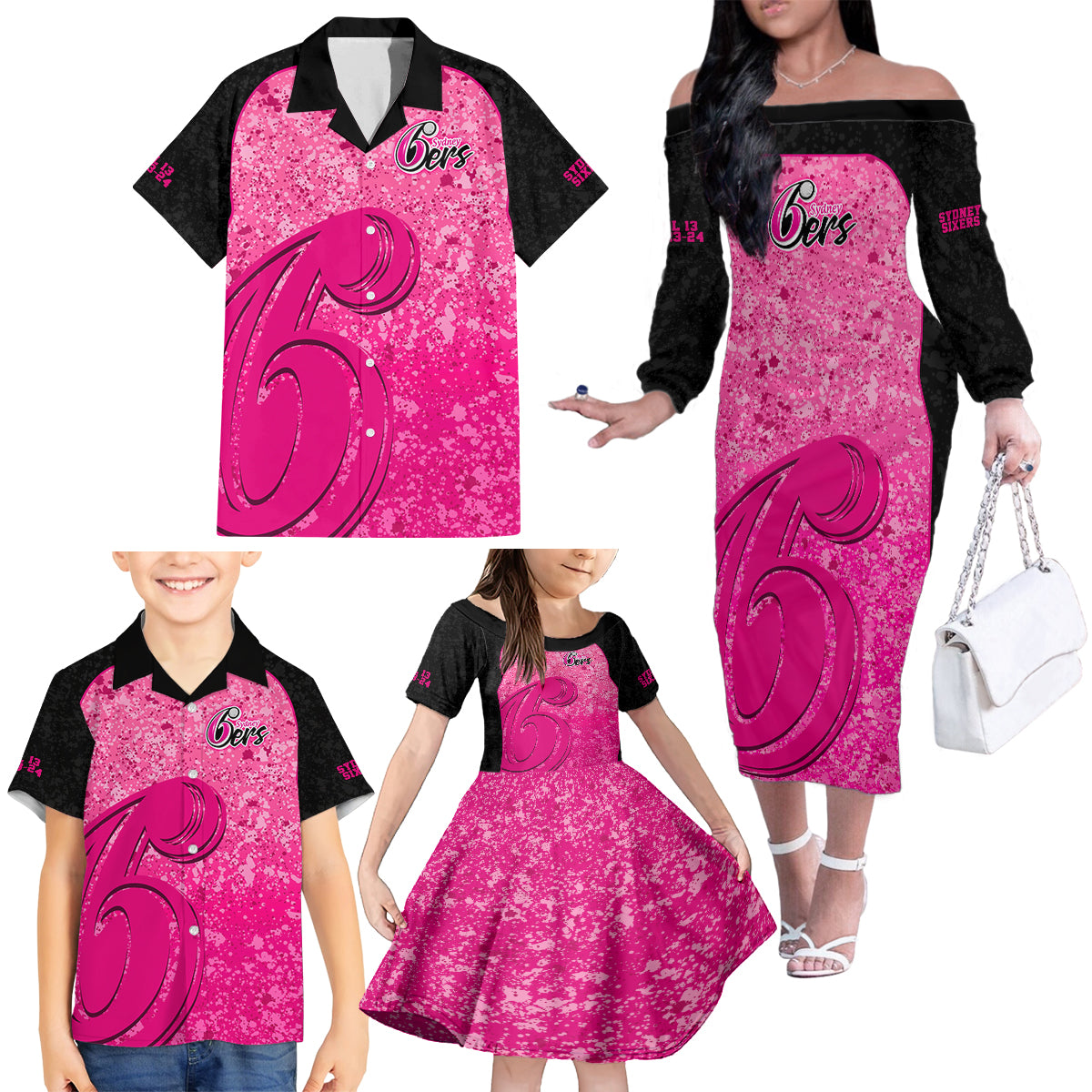 sydney-sixers-custom-family-matching-off-shoulder-long-sleeve-dress-and-hawaiian-shirt-bbl-cricket-team-2024