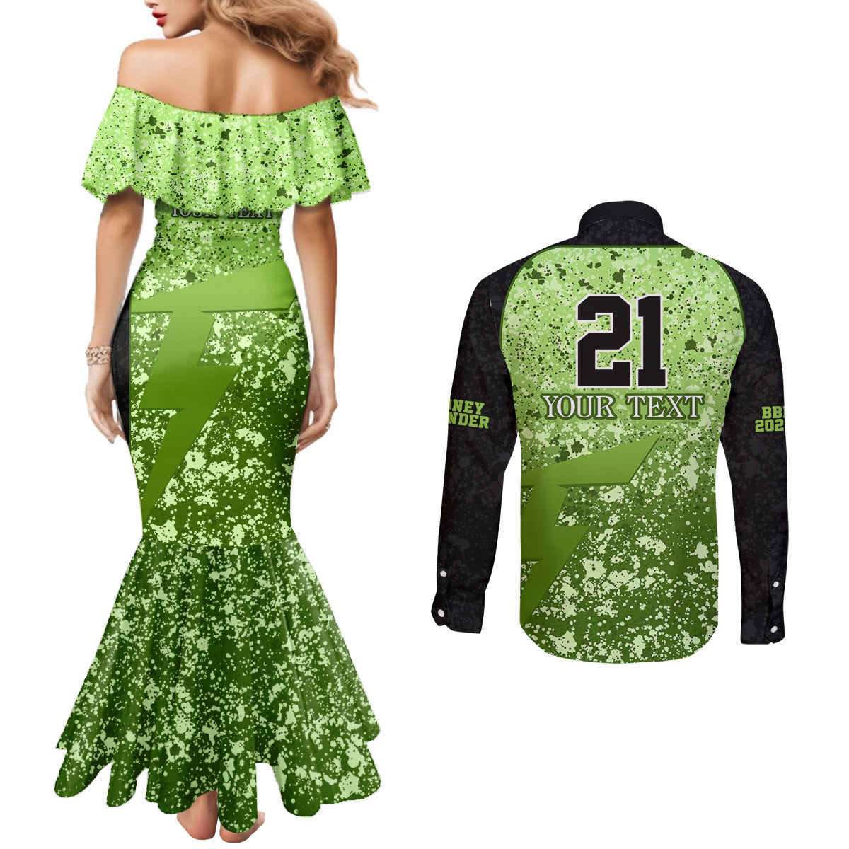 sydney-thunder-custom-couples-matching-mermaid-dress-and-long-sleeve-button-shirt-bbl-cricket-team-2024