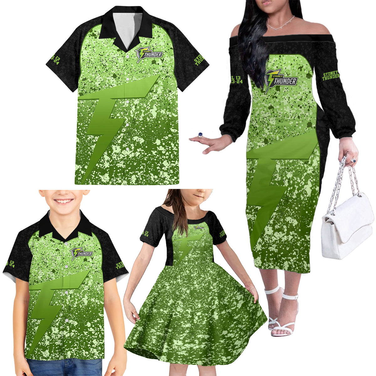 sydney-thunder-custom-family-matching-off-shoulder-long-sleeve-dress-and-hawaiian-shirt-bbl-cricket-team-2024