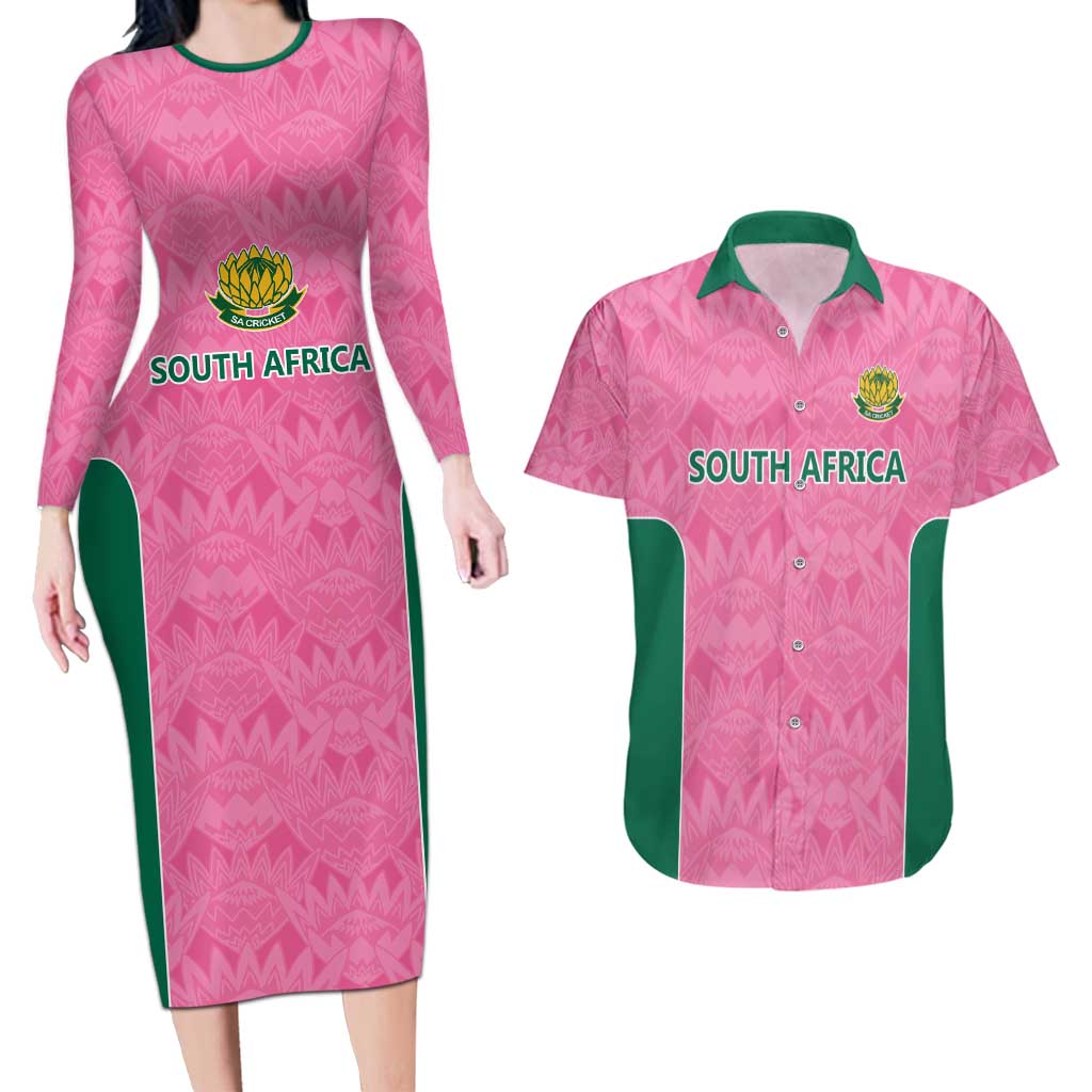 Pink South Africa Cricket Custom Couples Matching Long Sleeve Bodycon Dress and Hawaiian Shirt Proteas Be Way Pink