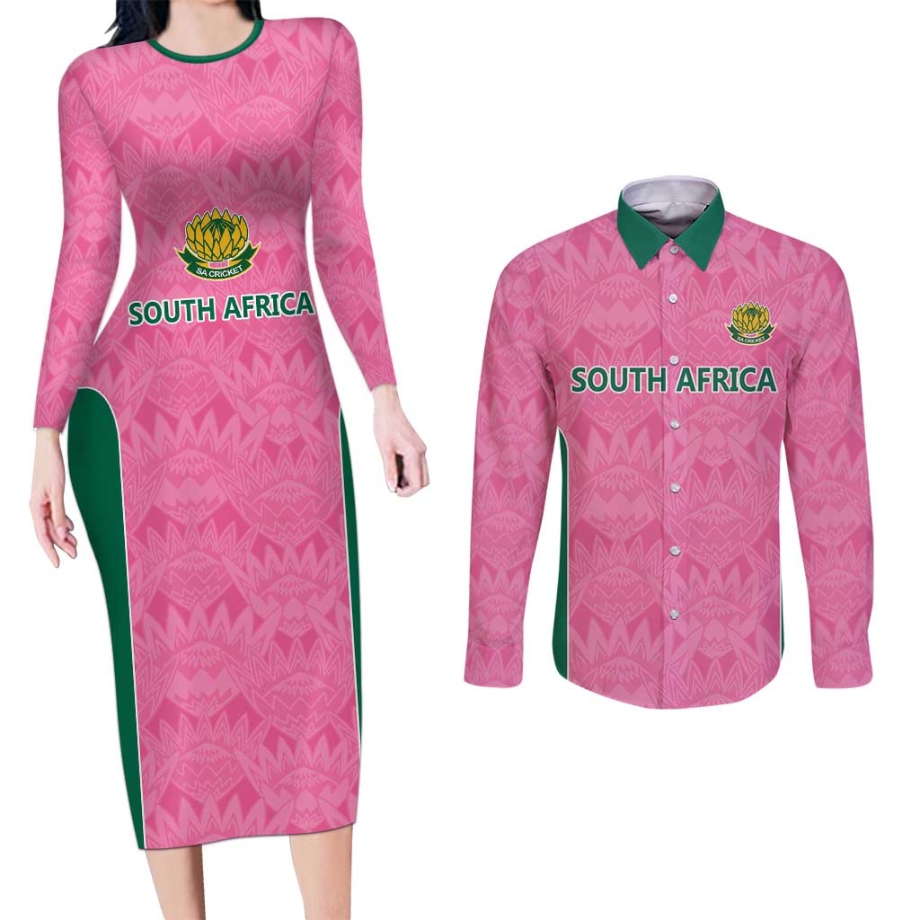 Pink South Africa Cricket Custom Couples Matching Long Sleeve Bodycon Dress and Long Sleeve Button Shirt Proteas Be Way Pink
