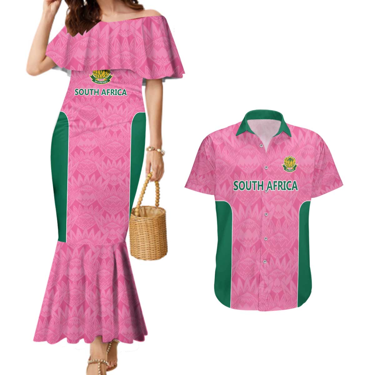 Pink South Africa Cricket Custom Couples Matching Mermaid Dress and Hawaiian Shirt Proteas Be Way Pink
