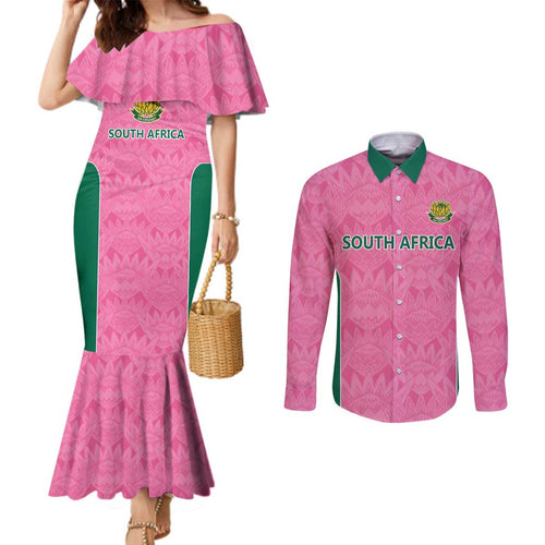Pink South Africa Cricket Custom Couples Matching Mermaid Dress and Long Sleeve Button Shirt Proteas Be Way Pink