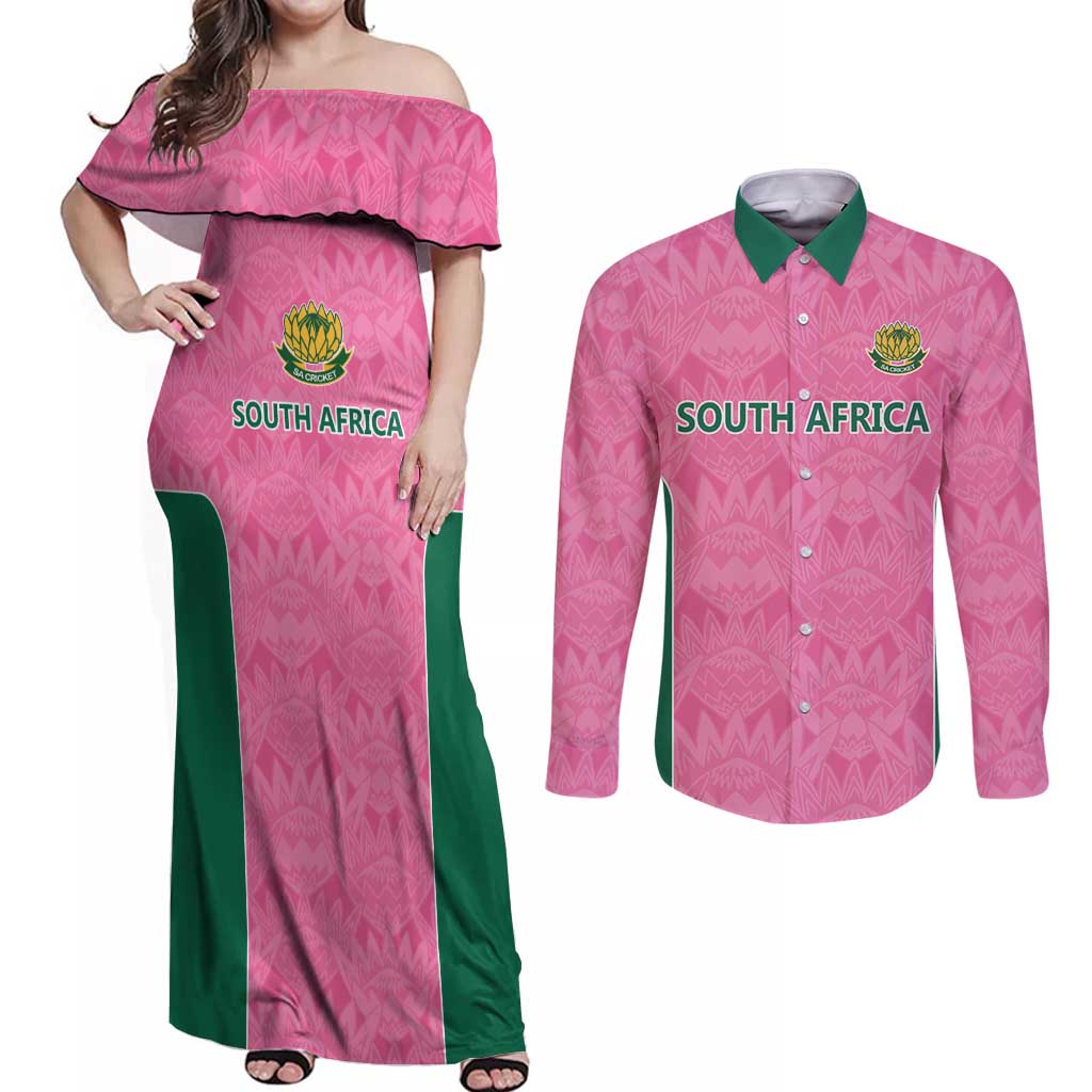 Pink South Africa Cricket Custom Couples Matching Off Shoulder Maxi Dress and Long Sleeve Button Shirt Proteas Be Way Pink