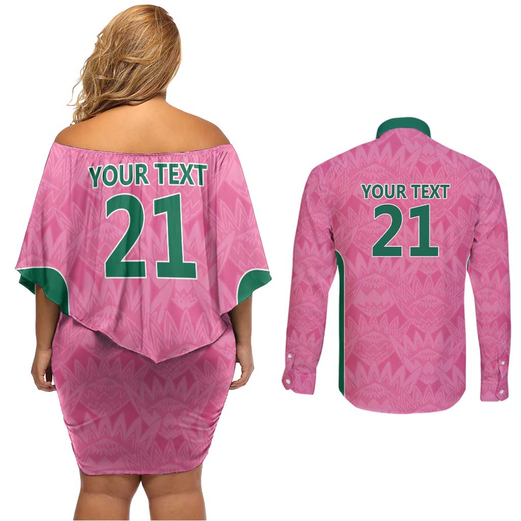 Pink South Africa Cricket Custom Couples Matching Off Shoulder Short Dress and Long Sleeve Button Shirt Proteas Be Way Pink
