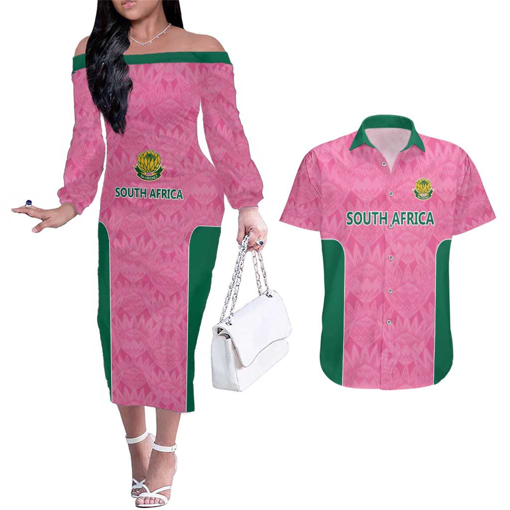 Pink South Africa Cricket Custom Couples Matching Off The Shoulder Long Sleeve Dress and Hawaiian Shirt Proteas Be Way Pink