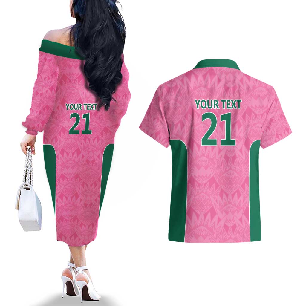 Pink South Africa Cricket Custom Couples Matching Off The Shoulder Long Sleeve Dress and Hawaiian Shirt Proteas Be Way Pink