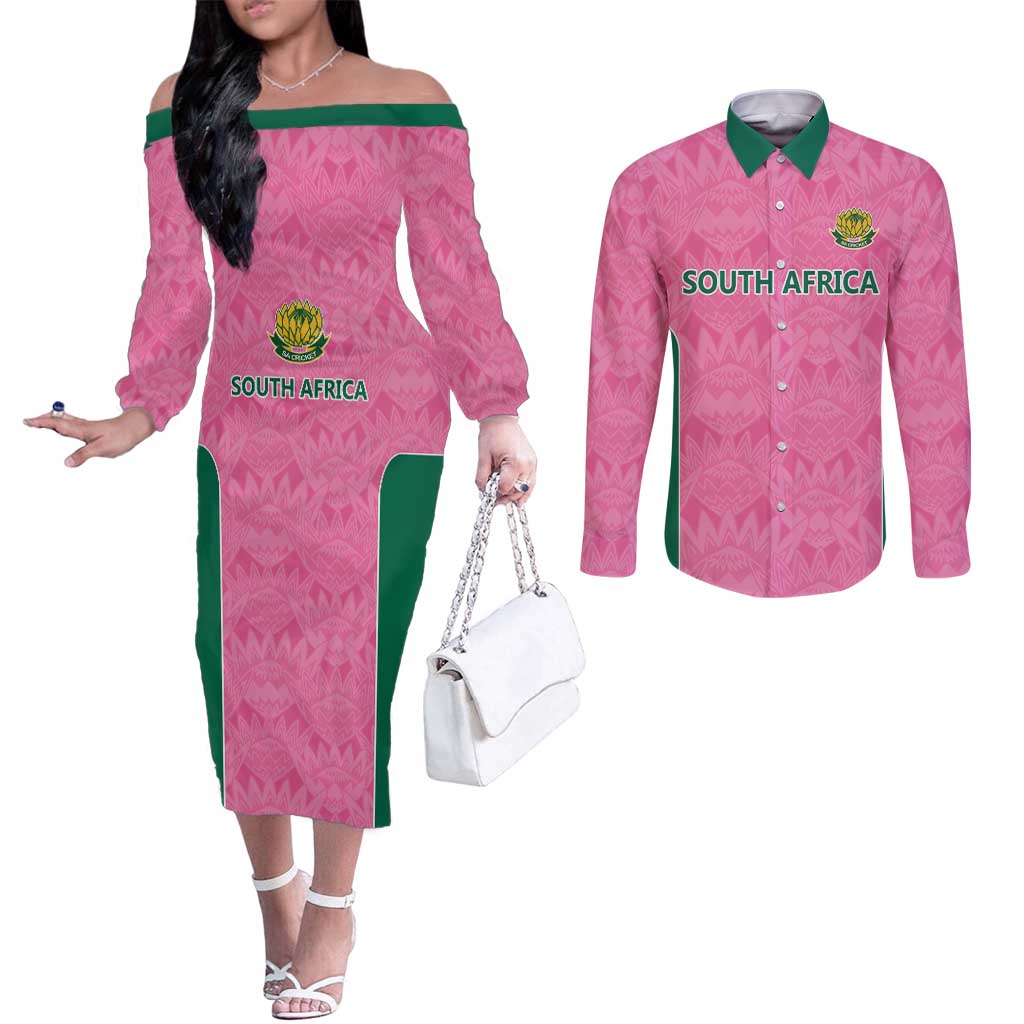Pink South Africa Cricket Custom Couples Matching Off The Shoulder Long Sleeve Dress and Long Sleeve Button Shirt Proteas Be Way Pink