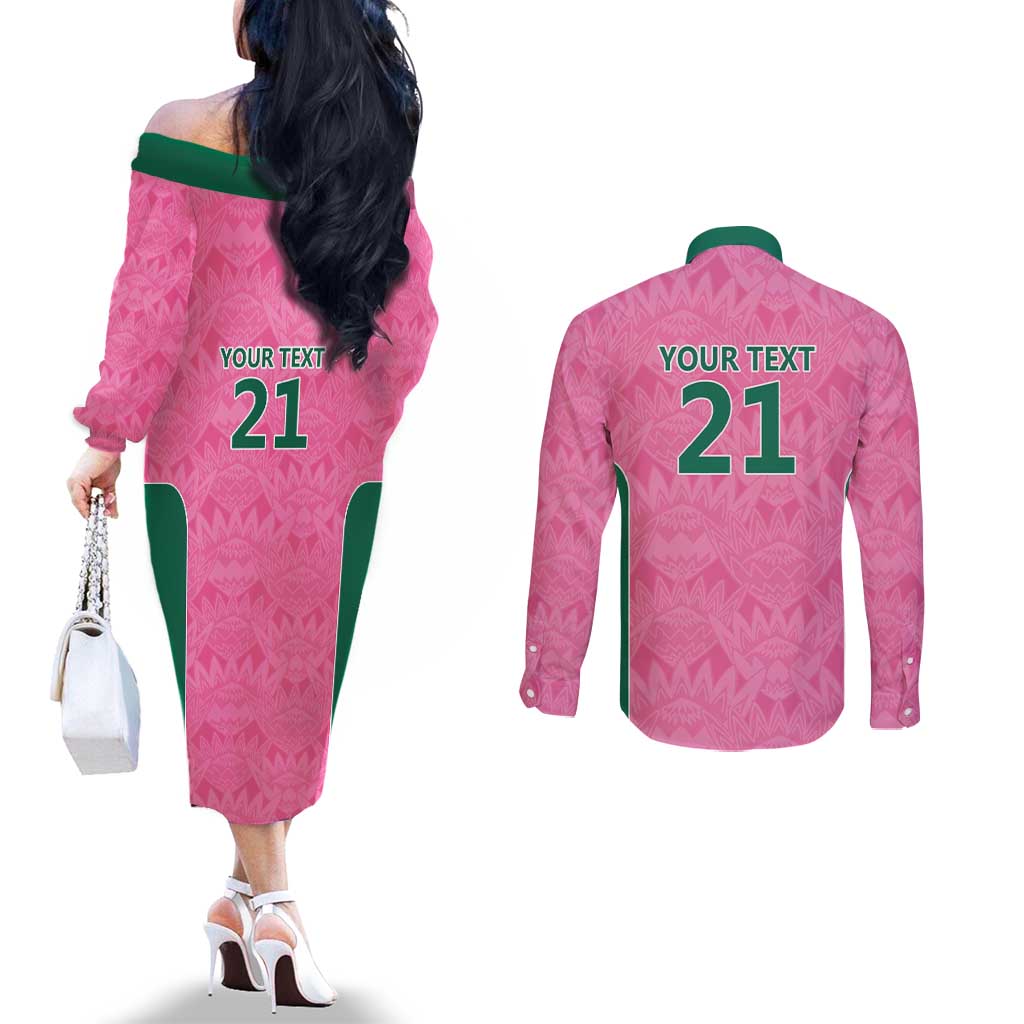 Pink South Africa Cricket Custom Couples Matching Off The Shoulder Long Sleeve Dress and Long Sleeve Button Shirt Proteas Be Way Pink