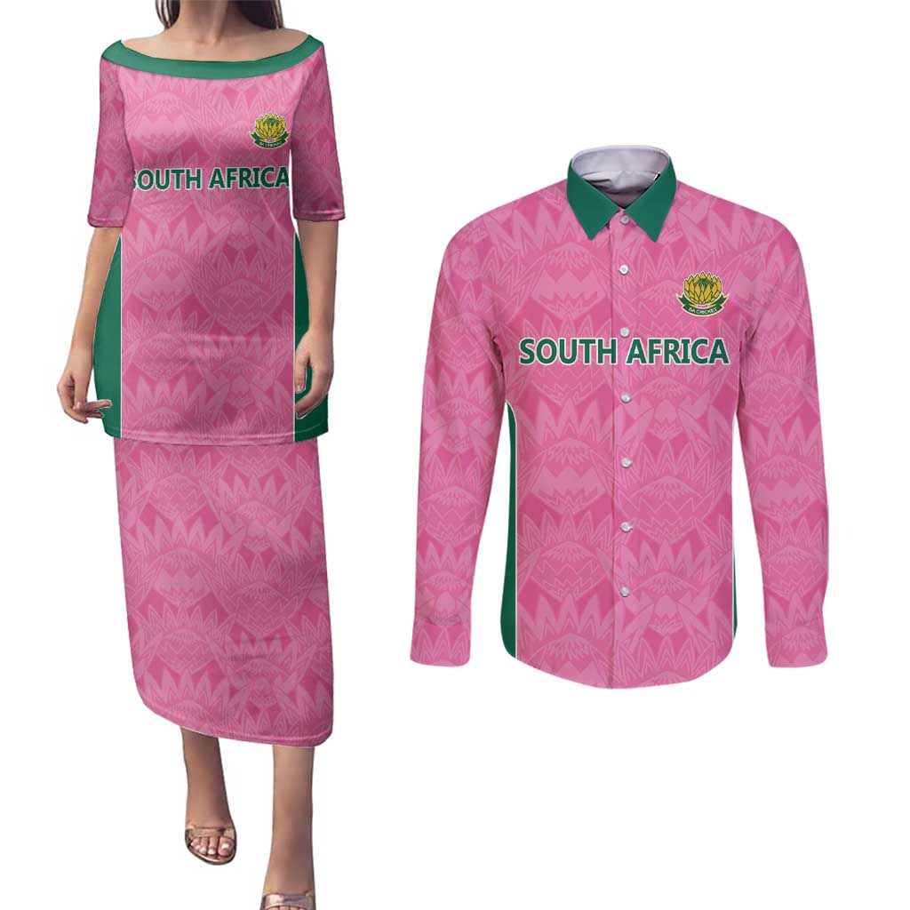 Pink South Africa Cricket Custom Couples Matching Puletasi and Long Sleeve Button Shirt Proteas Be Way Pink