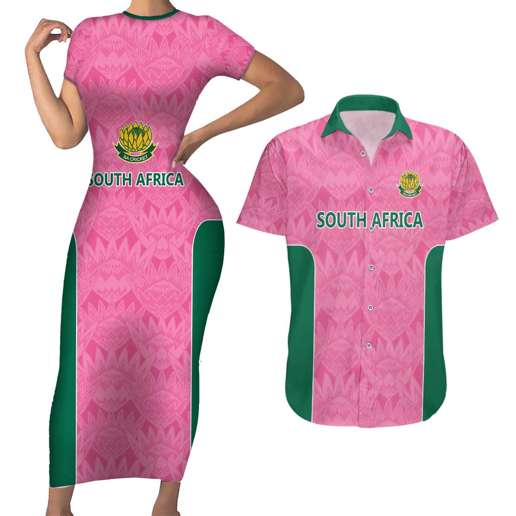 Pink South Africa Cricket Custom Couples Matching Short Sleeve Bodycon Dress and Hawaiian Shirt Proteas Be Way Pink