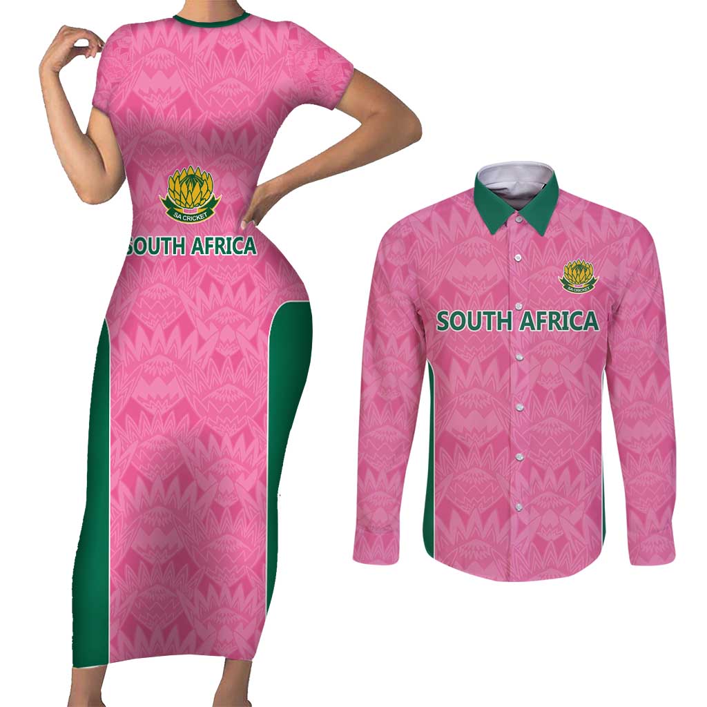 Pink South Africa Cricket Custom Couples Matching Short Sleeve Bodycon Dress and Long Sleeve Button Shirt Proteas Be Way Pink