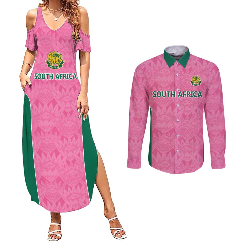 Pink South Africa Cricket Custom Couples Matching Summer Maxi Dress and Long Sleeve Button Shirt Proteas Be Way Pink