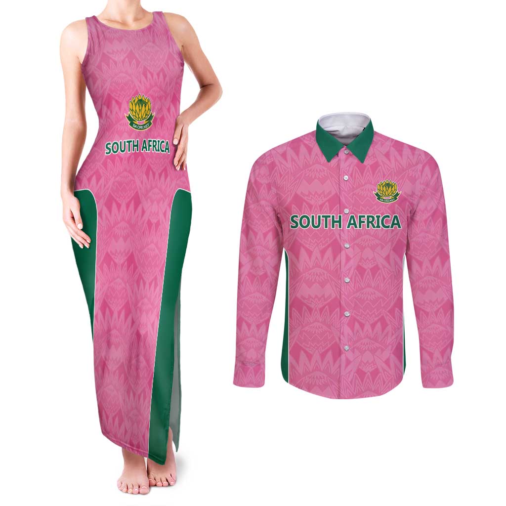 Pink South Africa Cricket Custom Couples Matching Tank Maxi Dress and Long Sleeve Button Shirt Proteas Be Way Pink