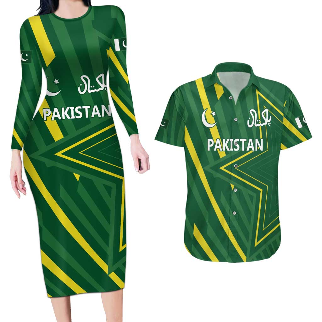 Pakistan Cricket Custom Couples Matching Long Sleeve Bodycon Dress and Hawaiian Shirt Shaheen Falcon Go Champions