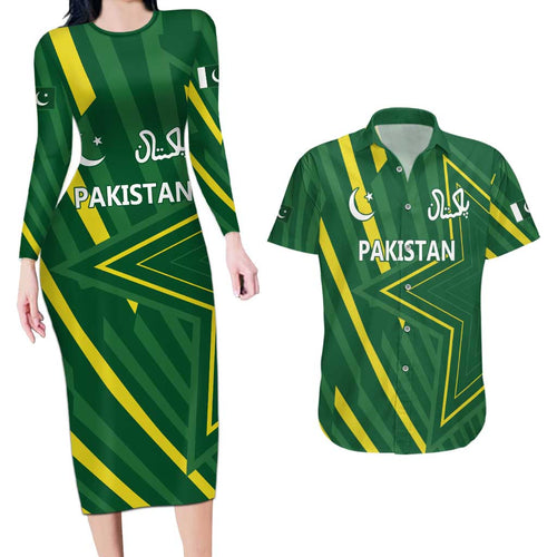 Pakistan Cricket Custom Couples Matching Long Sleeve Bodycon Dress and Hawaiian Shirt Shaheen Falcon Go Champions