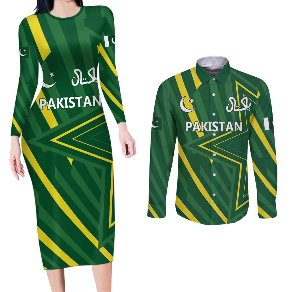 Pakistan Cricket Custom Couples Matching Long Sleeve Bodycon Dress and Long Sleeve Button Shirt Shaheen Falcon Go Champions