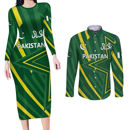 Pakistan Cricket Custom Couples Matching Long Sleeve Bodycon Dress and Long Sleeve Button Shirt Shaheen Falcon Go Champions