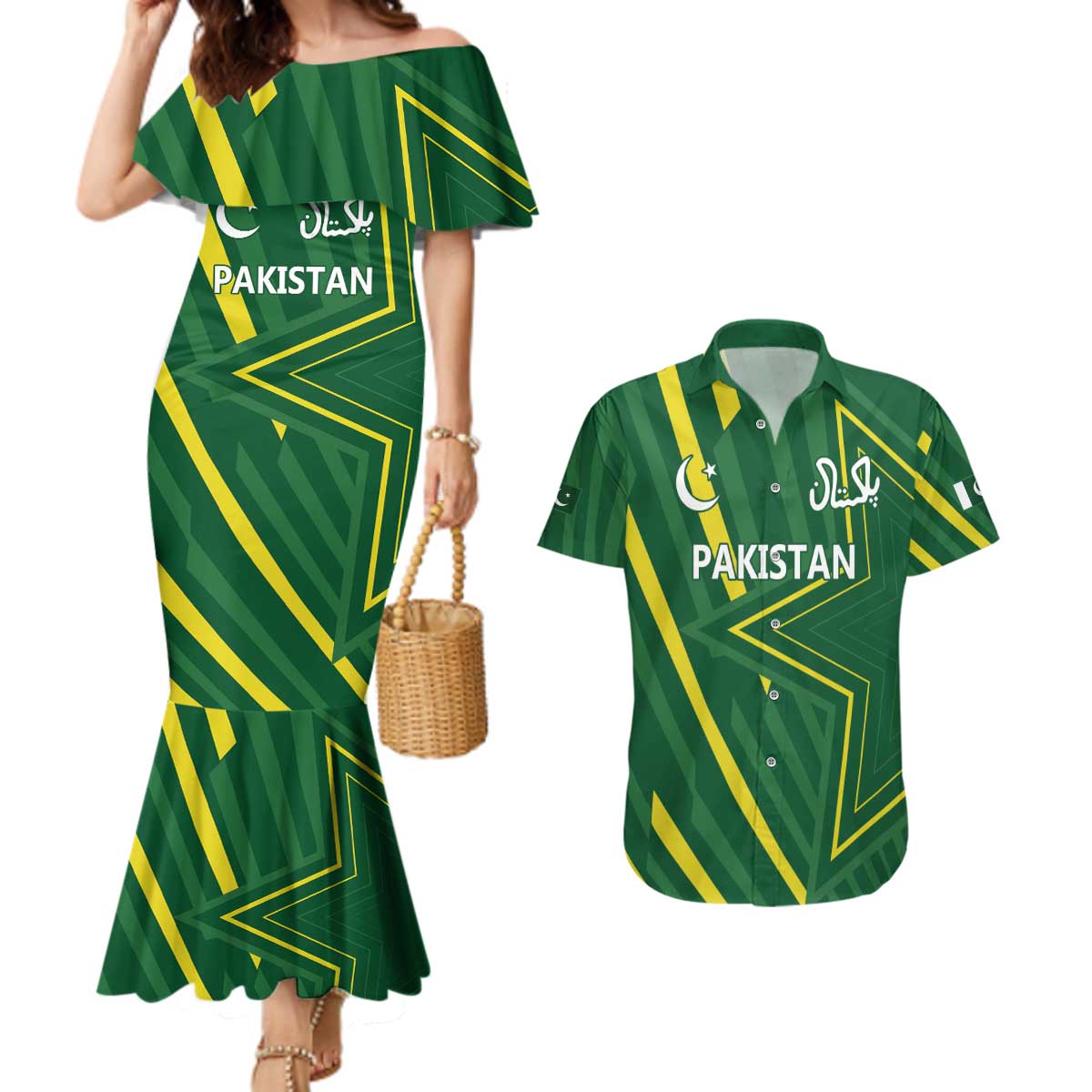 Pakistan Cricket Custom Couples Matching Mermaid Dress and Hawaiian Shirt Shaheen Falcon Go Champions