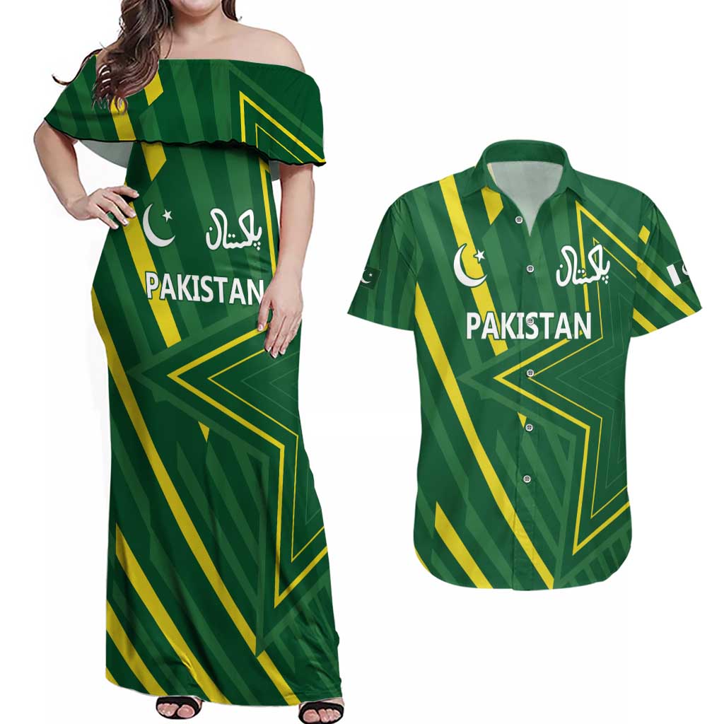 Pakistan Cricket Custom Couples Matching Off Shoulder Maxi Dress and Hawaiian Shirt Shaheen Falcon Go Champions