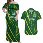Pakistan Cricket Custom Couples Matching Off Shoulder Maxi Dress and Hawaiian Shirt Shaheen Falcon Go Champions
