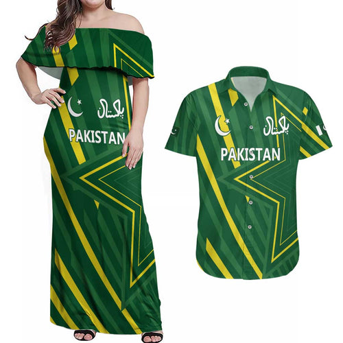 Pakistan Cricket Custom Couples Matching Off Shoulder Maxi Dress and Hawaiian Shirt Shaheen Falcon Go Champions