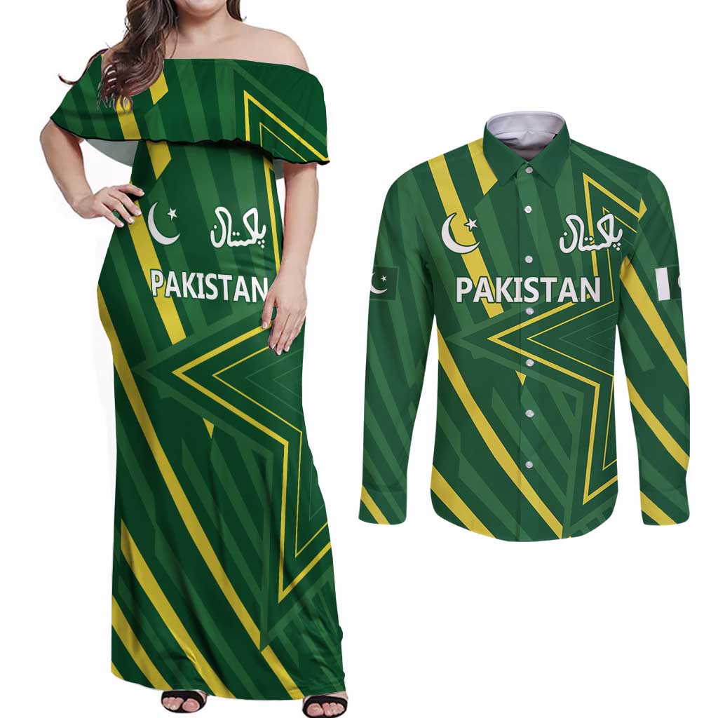 Pakistan Cricket Custom Couples Matching Off Shoulder Maxi Dress and Long Sleeve Button Shirt Shaheen Falcon Go Champions