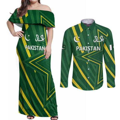 Pakistan Cricket Custom Couples Matching Off Shoulder Maxi Dress and Long Sleeve Button Shirt Shaheen Falcon Go Champions