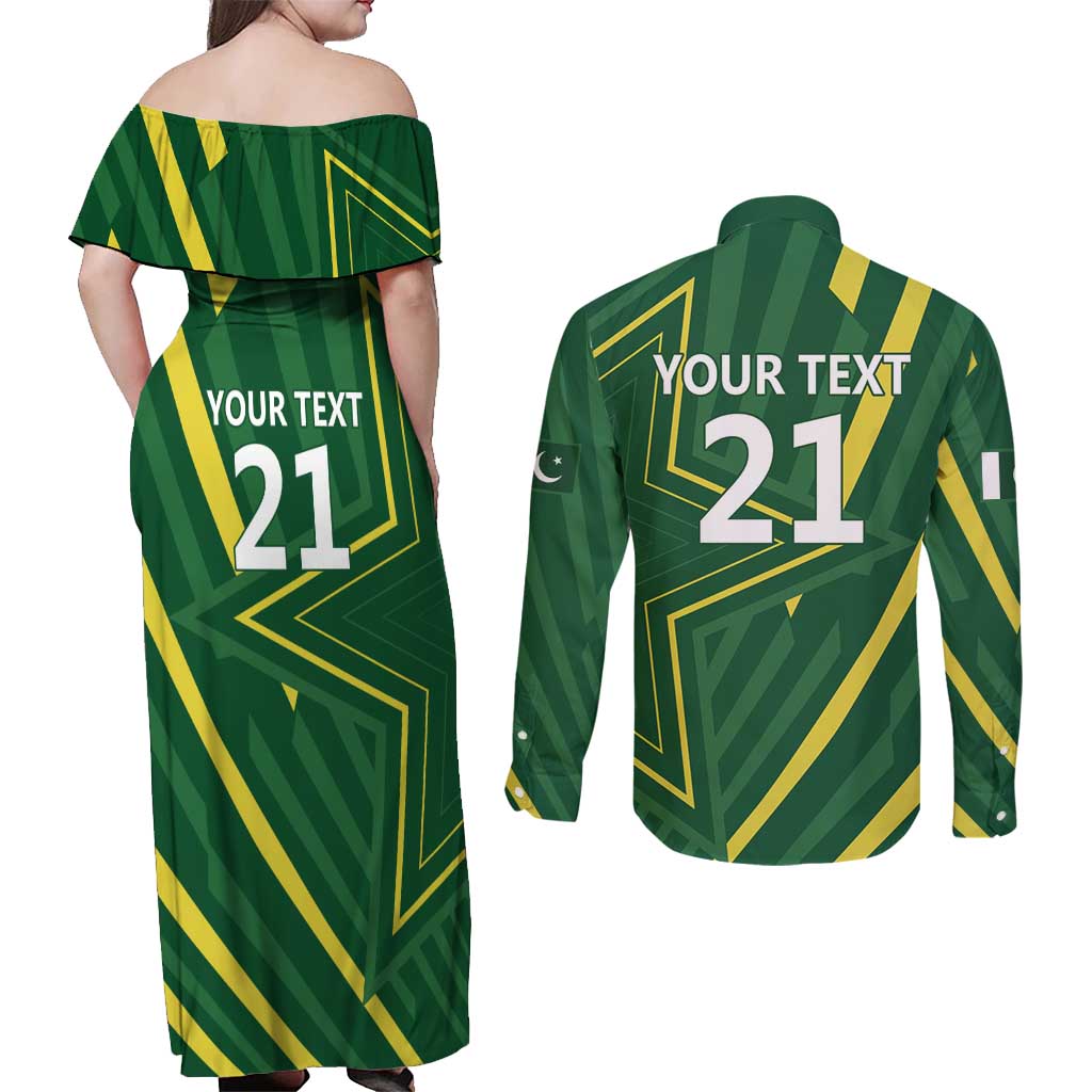 Pakistan Cricket Custom Couples Matching Off Shoulder Maxi Dress and Long Sleeve Button Shirt Shaheen Falcon Go Champions