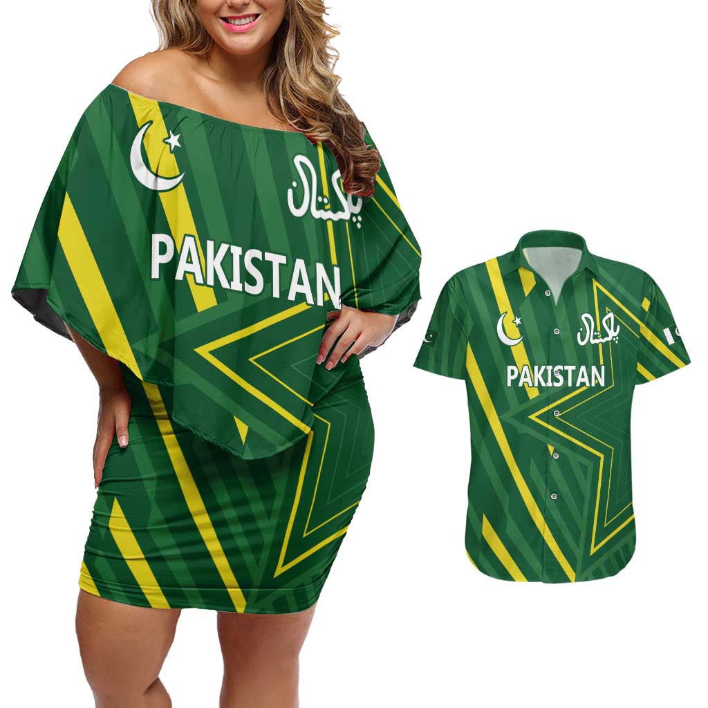 Pakistan Cricket Custom Couples Matching Off Shoulder Short Dress and Hawaiian Shirt Shaheen Falcon Go Champions