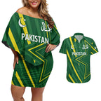 Pakistan Cricket Custom Couples Matching Off Shoulder Short Dress and Hawaiian Shirt Shaheen Falcon Go Champions