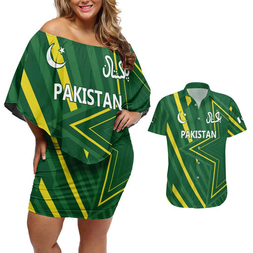 Pakistan Cricket Custom Couples Matching Off Shoulder Short Dress and Hawaiian Shirt Shaheen Falcon Go Champions