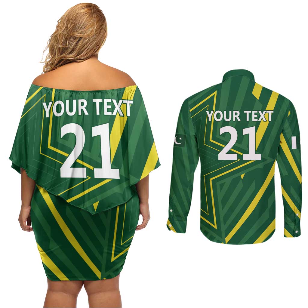 Pakistan Cricket Custom Couples Matching Off Shoulder Short Dress and Long Sleeve Button Shirt Shaheen Falcon Go Champions