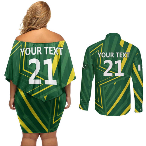 Pakistan Cricket Custom Couples Matching Off Shoulder Short Dress and Long Sleeve Button Shirt Shaheen Falcon Go Champions