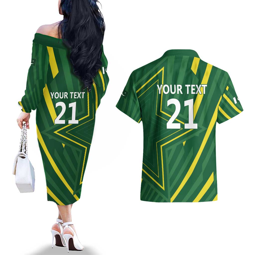 Pakistan Cricket Custom Couples Matching Off The Shoulder Long Sleeve Dress and Hawaiian Shirt Shaheen Falcon Go Champions