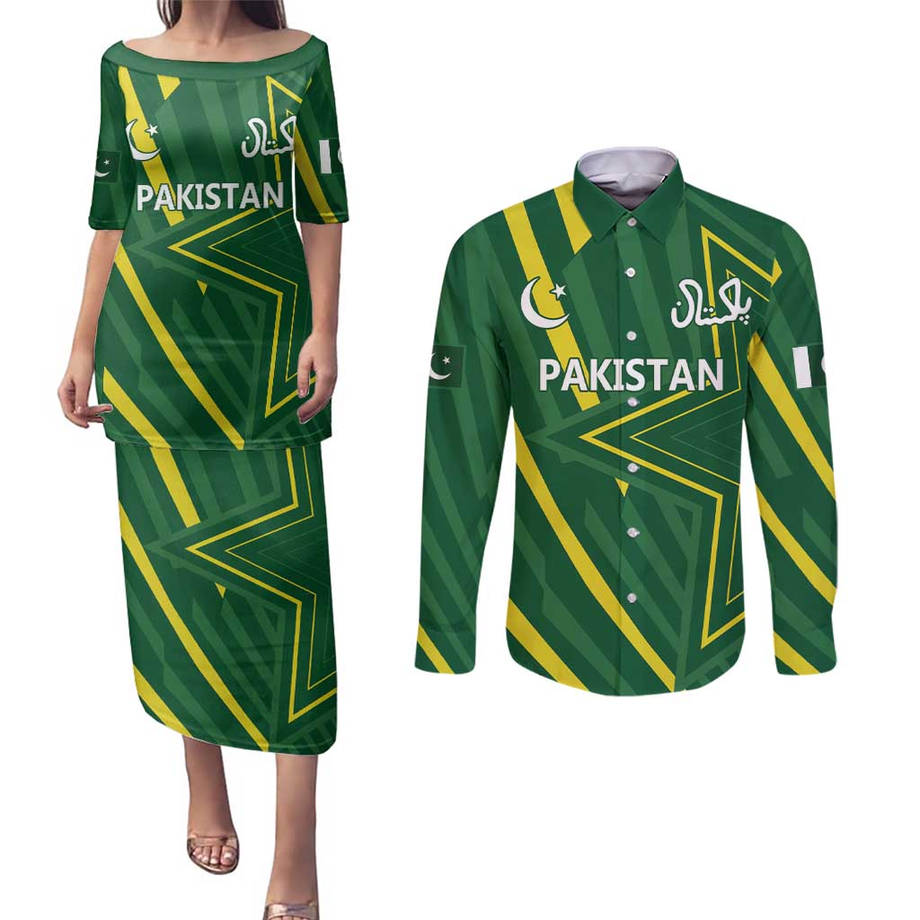 Pakistan Cricket Custom Couples Matching Puletasi and Long Sleeve Button Shirt Shaheen Falcon Go Champions