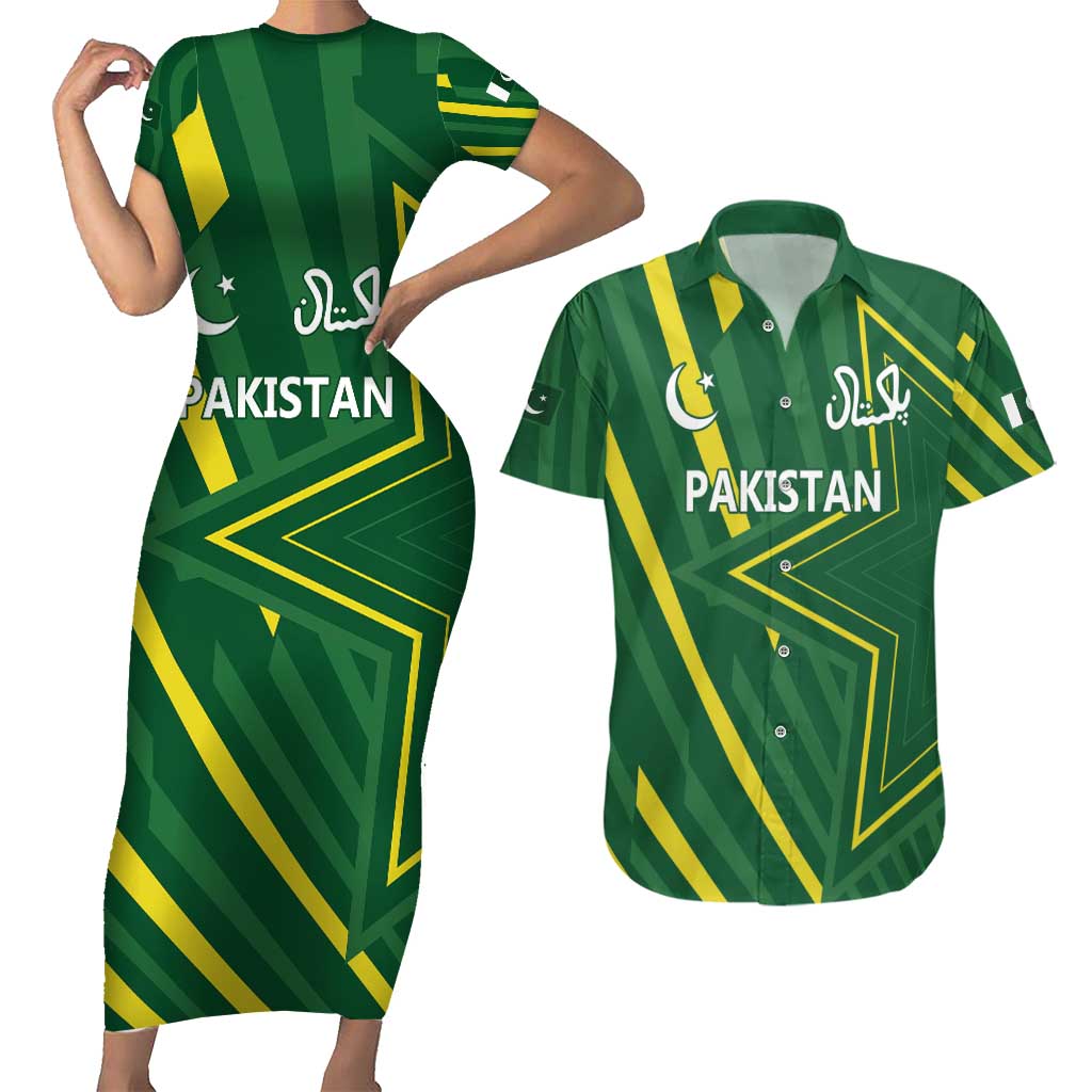 Pakistan Cricket Custom Couples Matching Short Sleeve Bodycon Dress and Hawaiian Shirt Shaheen Falcon Go Champions