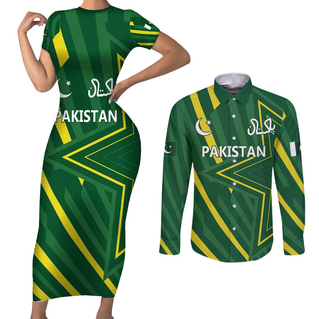 Pakistan Cricket Custom Couples Matching Short Sleeve Bodycon Dress and Long Sleeve Button Shirt Shaheen Falcon Go Champions