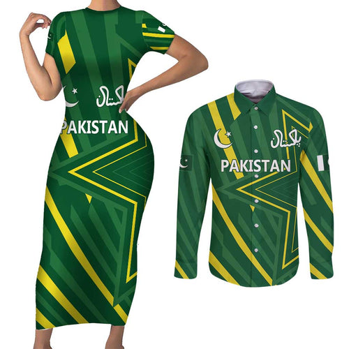 Pakistan Cricket Custom Couples Matching Short Sleeve Bodycon Dress and Long Sleeve Button Shirt Shaheen Falcon Go Champions