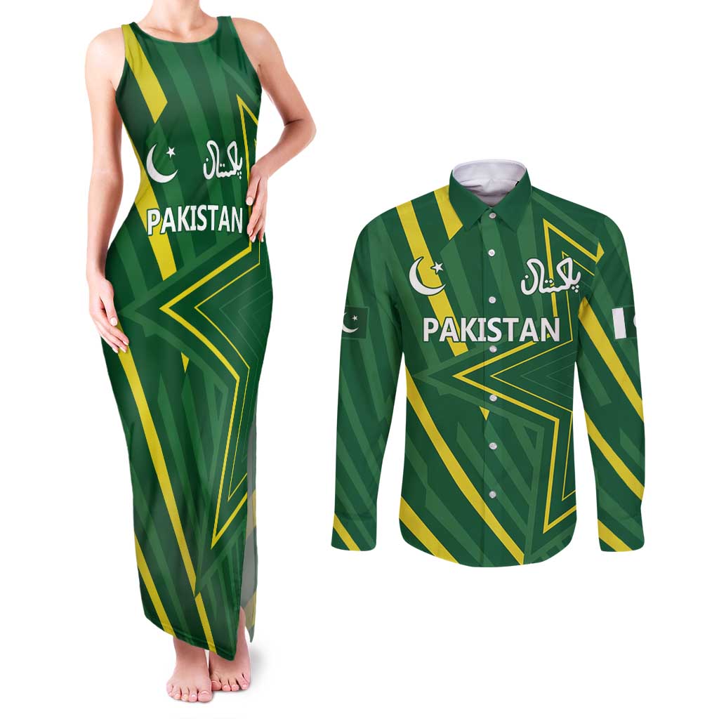 Pakistan Cricket Custom Couples Matching Tank Maxi Dress and Long Sleeve Button Shirt Shaheen Falcon Go Champions