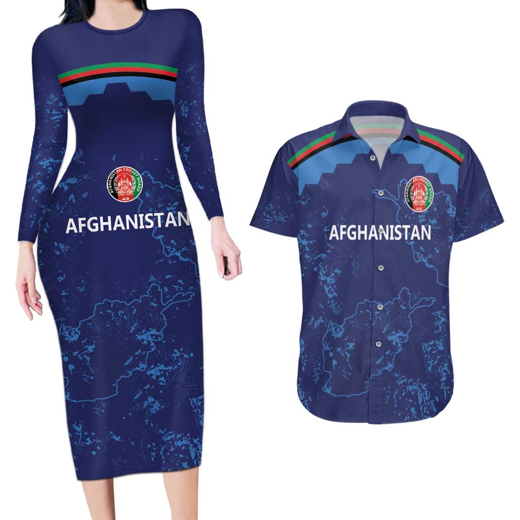 Afghan Atalans Cricket Custom Couples Matching Long Sleeve Bodycon Dress and Hawaiian Shirt Afghanistan Map with Sporty Style