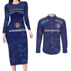 Afghan Atalans Cricket Custom Couples Matching Long Sleeve Bodycon Dress and Long Sleeve Button Shirt Afghanistan Map with Sporty Style