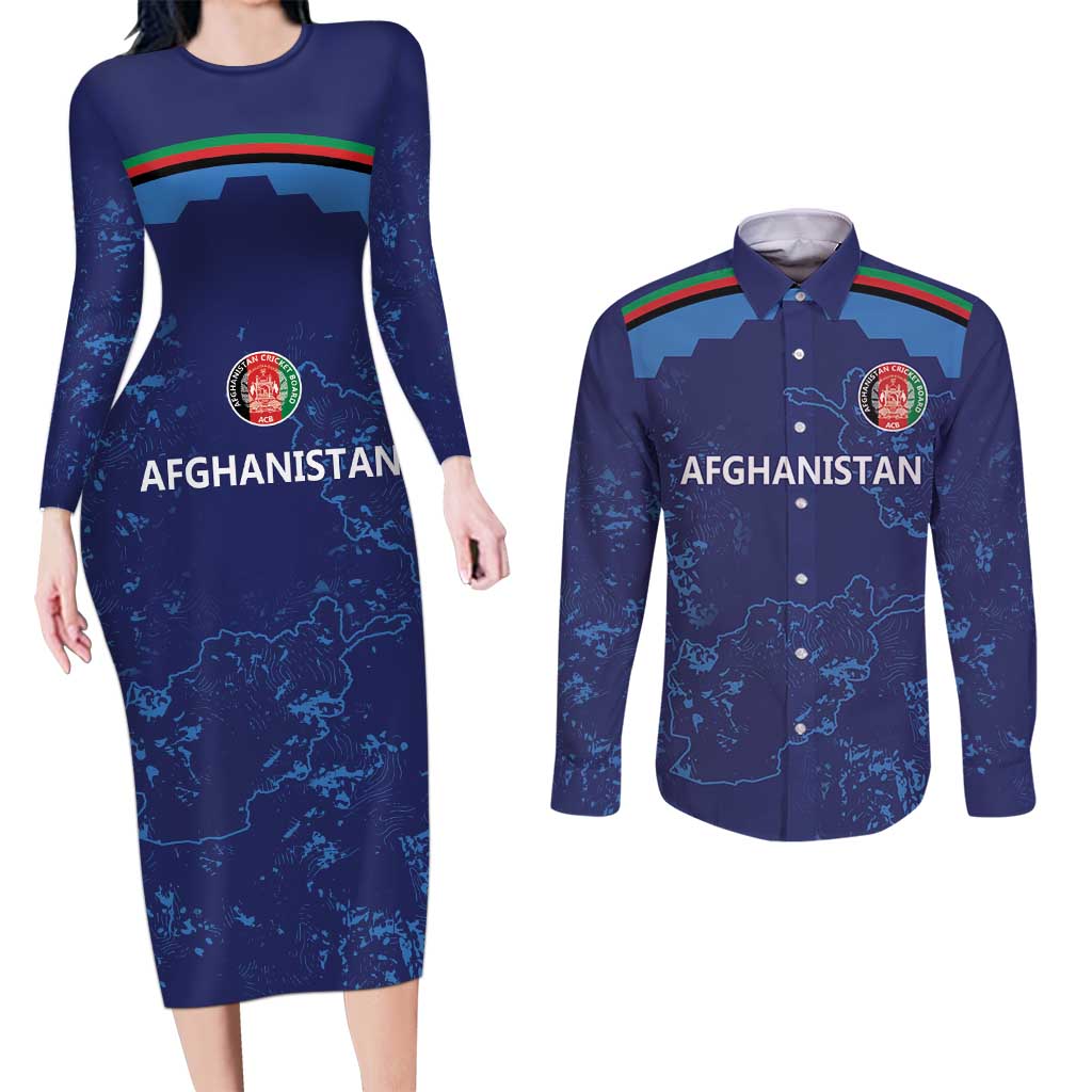 Afghan Atalans Cricket Custom Couples Matching Long Sleeve Bodycon Dress and Long Sleeve Button Shirt Afghanistan Map with Sporty Style