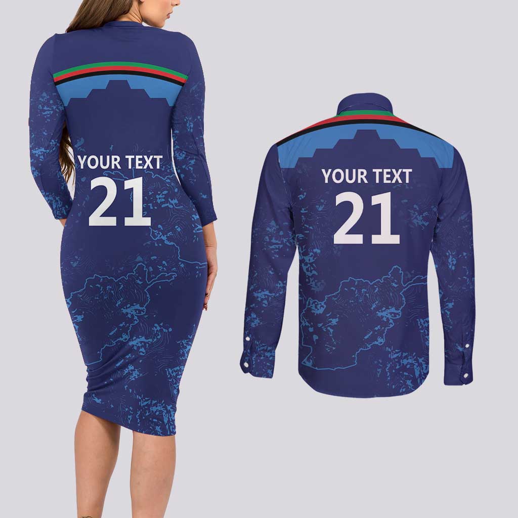 Afghan Atalans Cricket Custom Couples Matching Long Sleeve Bodycon Dress and Long Sleeve Button Shirt Afghanistan Map with Sporty Style